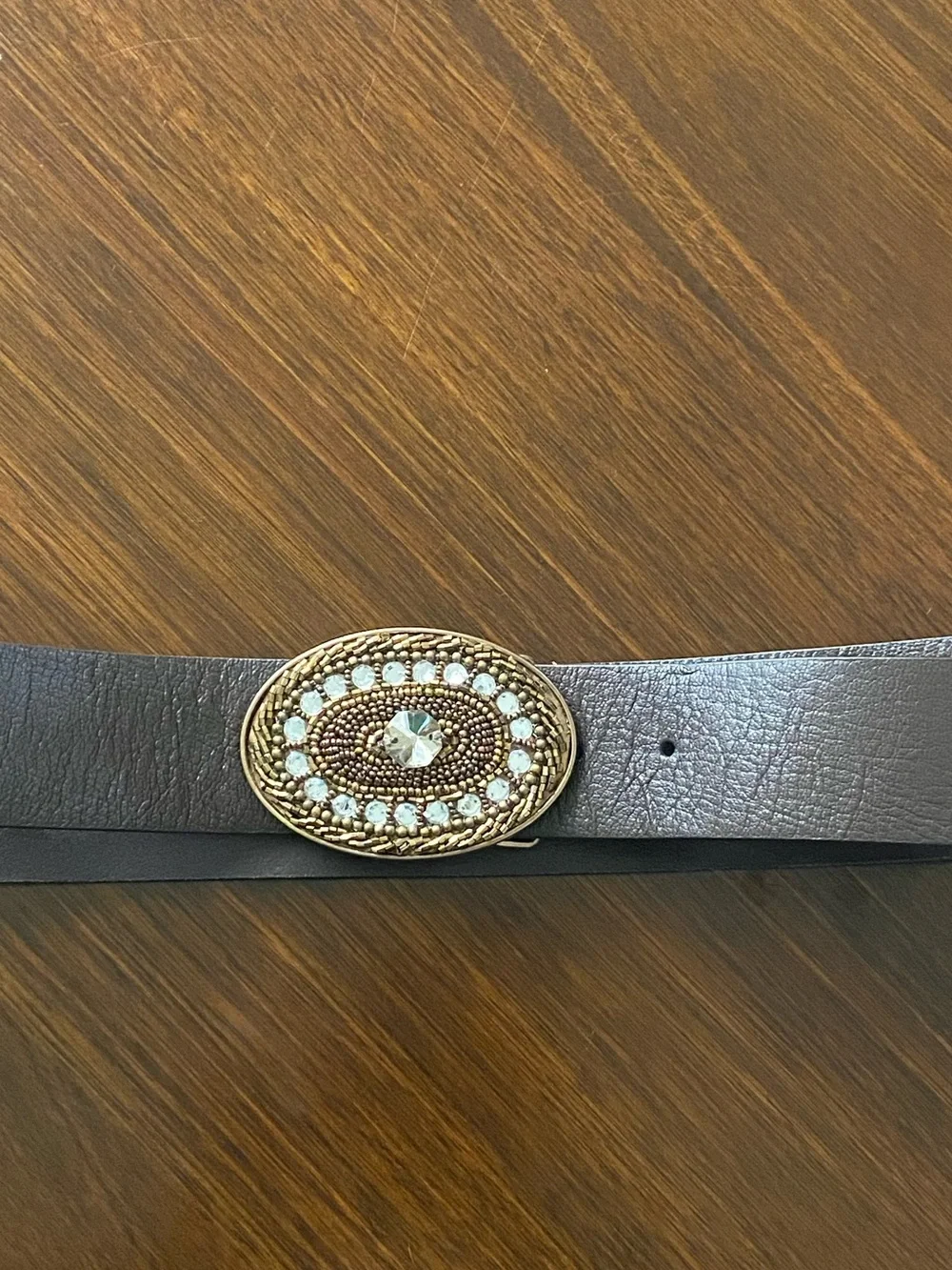 Vintage Boho Brown Leather Belt with Embellished Rhinestone Medallion Buckle L